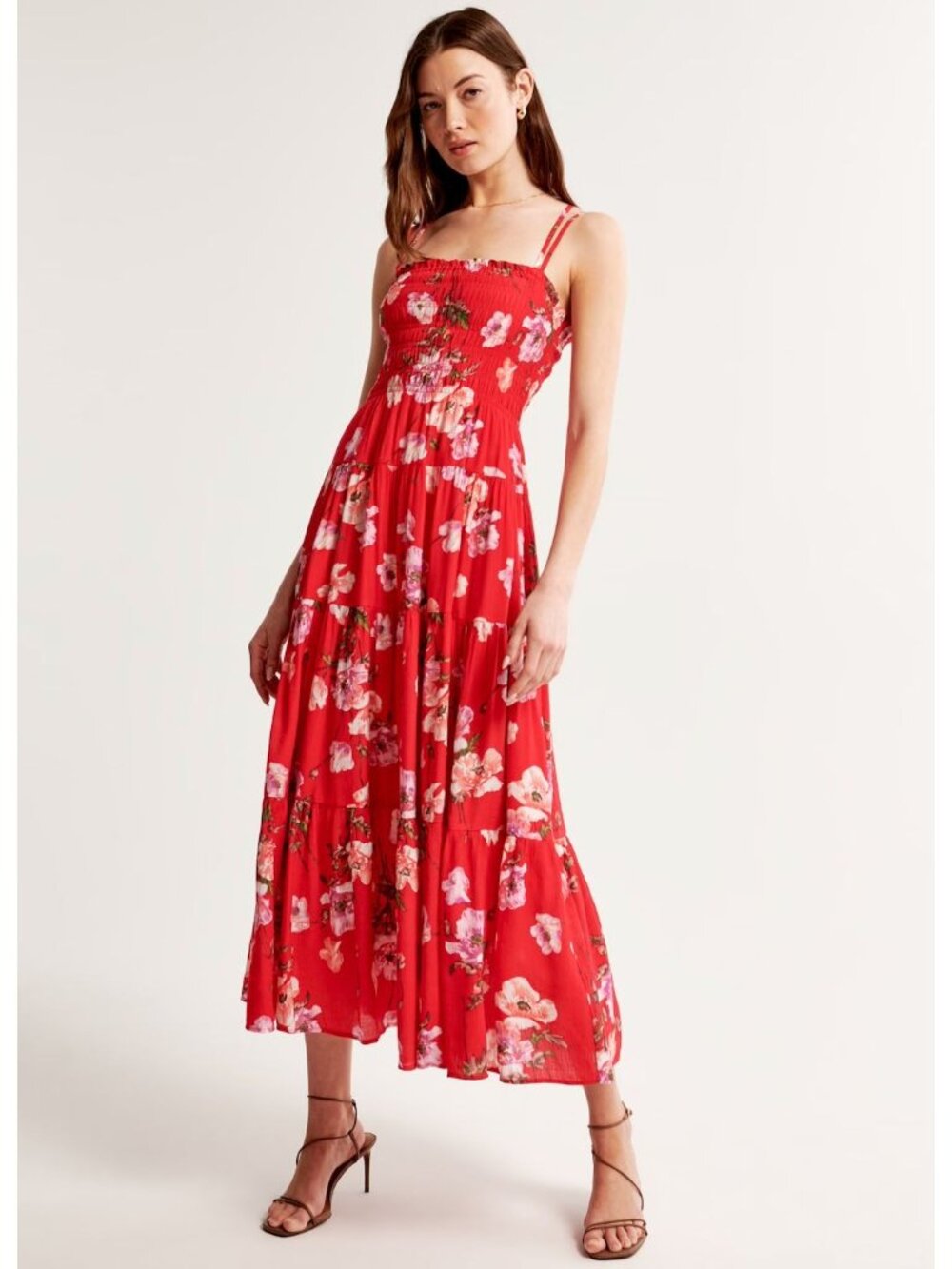 Abercrombie & Fitch Smocked Bodice Maxi Dress Red Floral Print XXSP Vacation - Picture 2 of 12